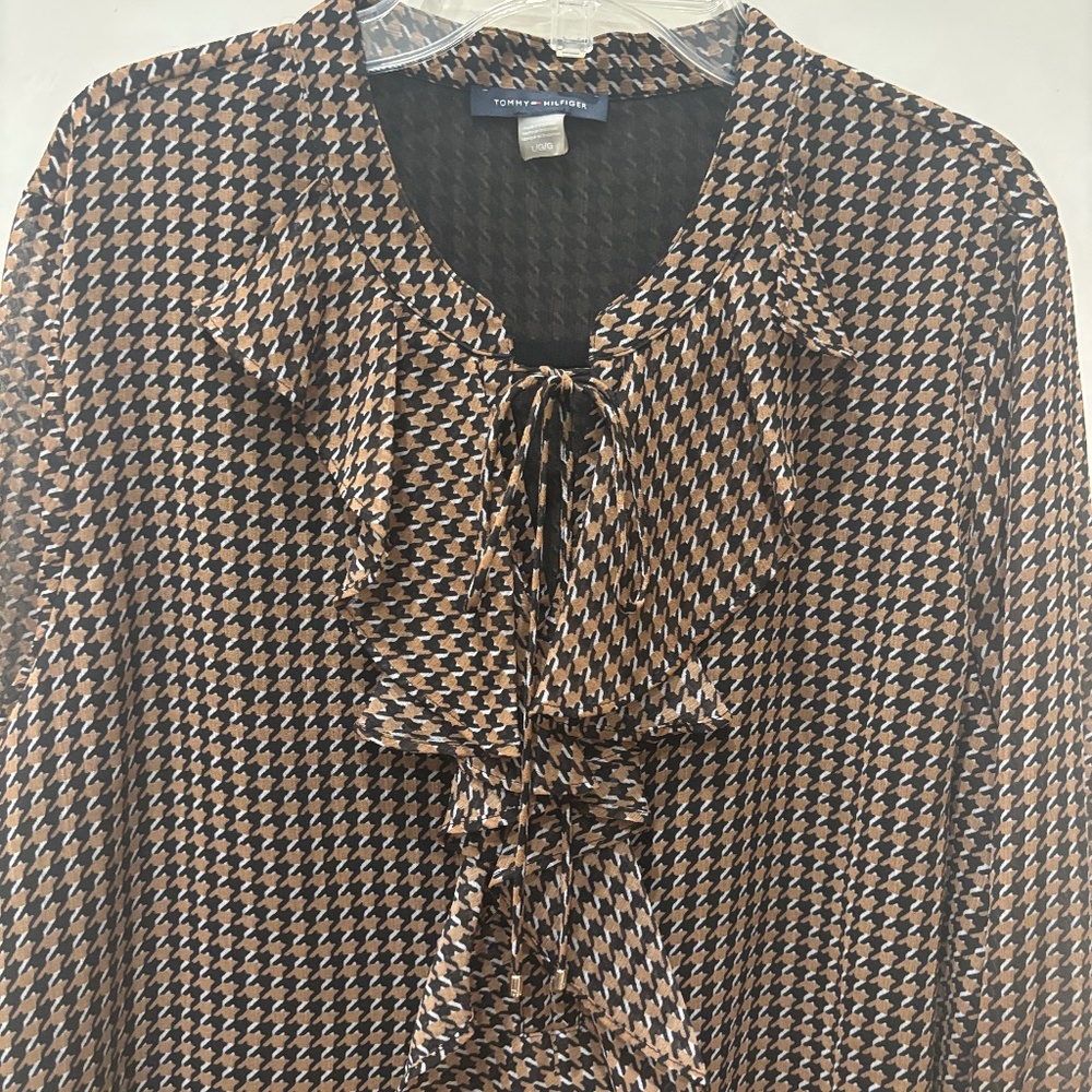 Tommy Hilfiger Brown Houndstooth Ruffle Tie Neck Long Sleeve Blouse size Large - Picture 2 of 11